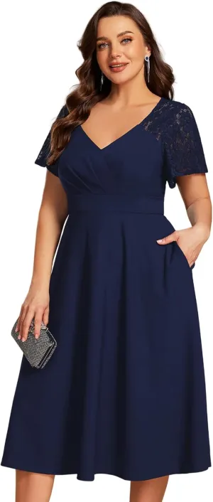 Ever-Pretty Plus Women's V Neck Lace Short Sleeves Midi Plus Size Cocktail Party Dresses with Pockets 02334-DA