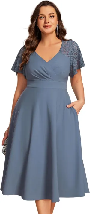 Ever-Pretty Plus Women's V Neck Lace Short Sleeves Midi Plus Size Cocktail Party Dresses with Pockets 02334-DA