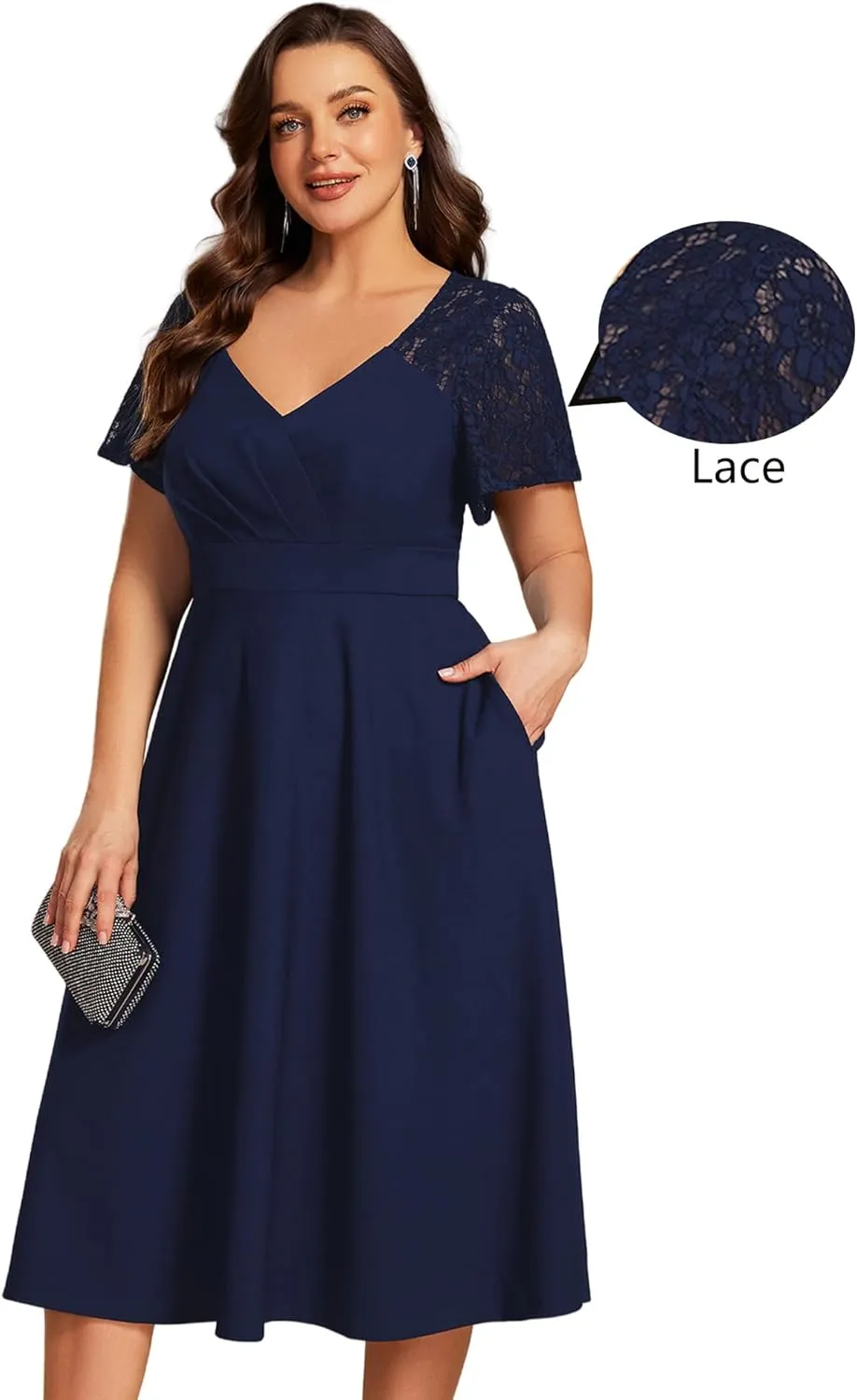 Ever-Pretty Plus Women's V Neck Lace Short Sleeves Midi Plus Size Cocktail Party Dresses with Pockets 02334-DA