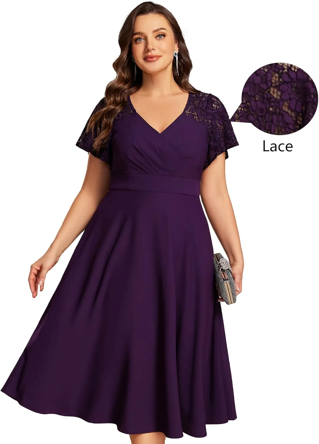Ever-Pretty Plus Women's V Neck Lace Short Sleeves Midi Plus Size Cocktail Party Dresses with Pockets 02334-DA