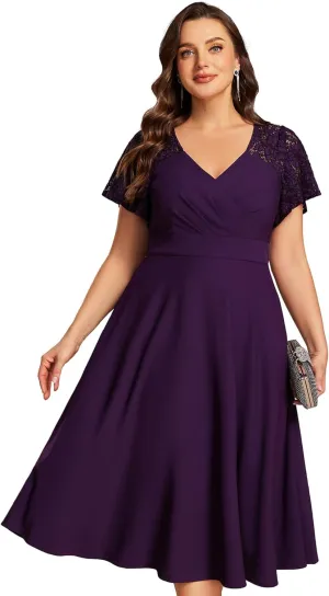 Ever-Pretty Plus Women's V Neck Lace Short Sleeves Midi Plus Size Cocktail Party Dresses with Pockets 02334-DA