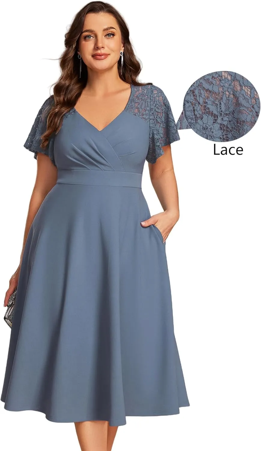 Ever-Pretty Plus Women's V Neck Lace Short Sleeves Midi Plus Size Cocktail Party Dresses with Pockets 02334-DA