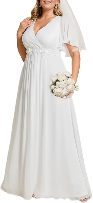 Ever-Pretty Plus Women's V Neck Ruffles Sleeves A Line Chiffon Applique Pleated Floor Length Plus Size Bridal Gowns