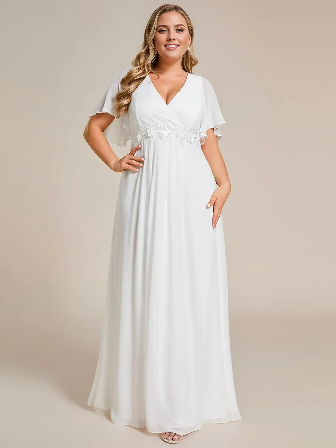 Ever-Pretty Plus Women's V Neck Ruffles Sleeves A Line Chiffon Applique Pleated Floor Length Plus Size Bridal Gowns