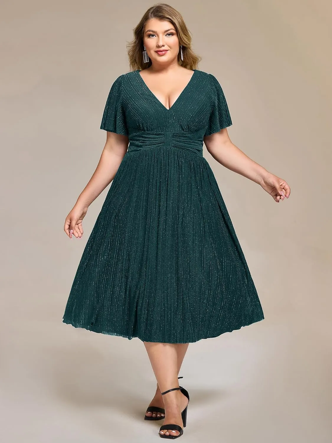 Ever-Pretty Plus Women's V Neck Short Sleeves A Line Glitter Midi Plus Size Formal Wedding Guest Dresses