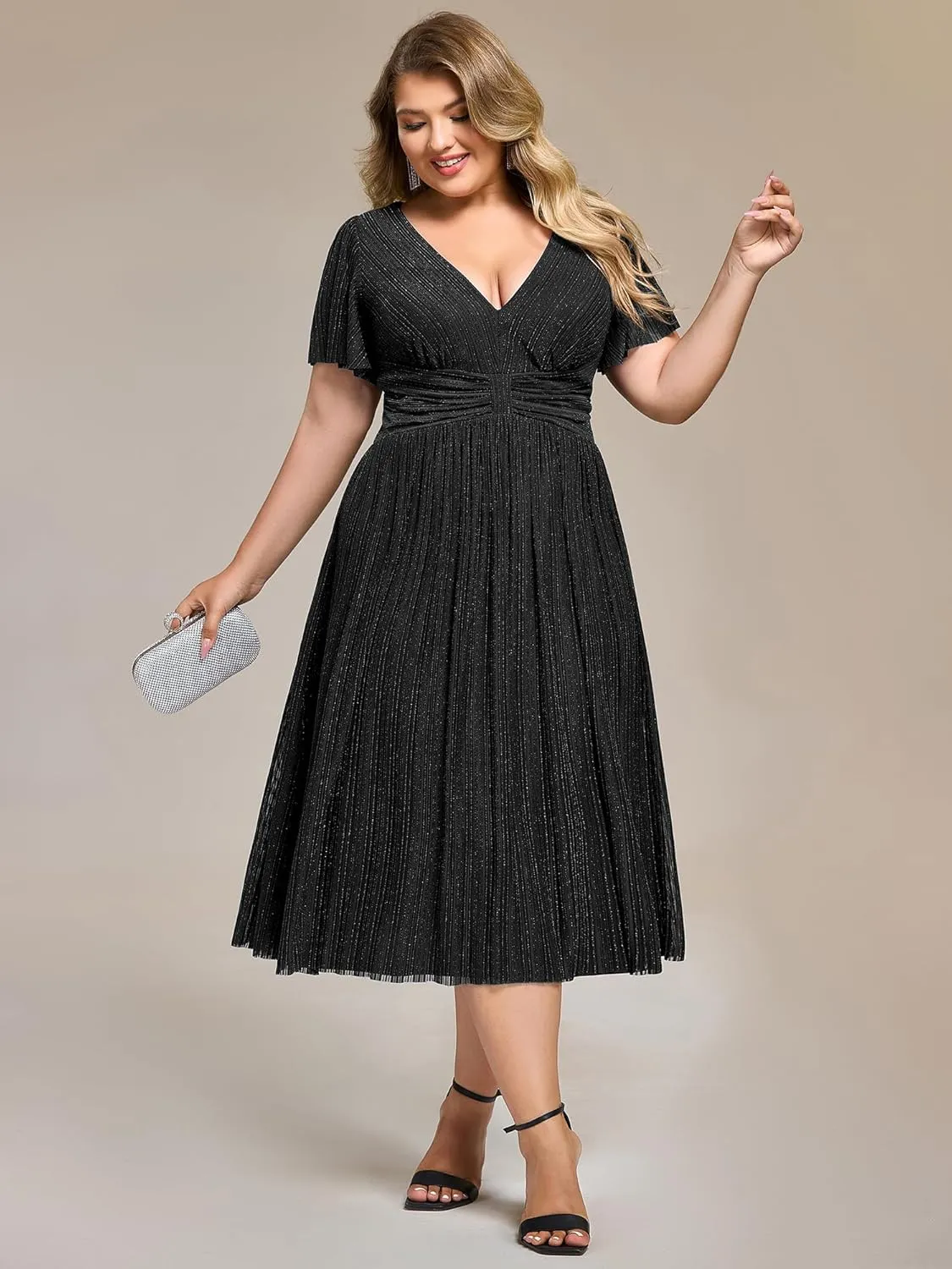Ever-Pretty Plus Women's V Neck Short Sleeves A Line Glitter Midi Plus Size Formal Wedding Guest Dresses