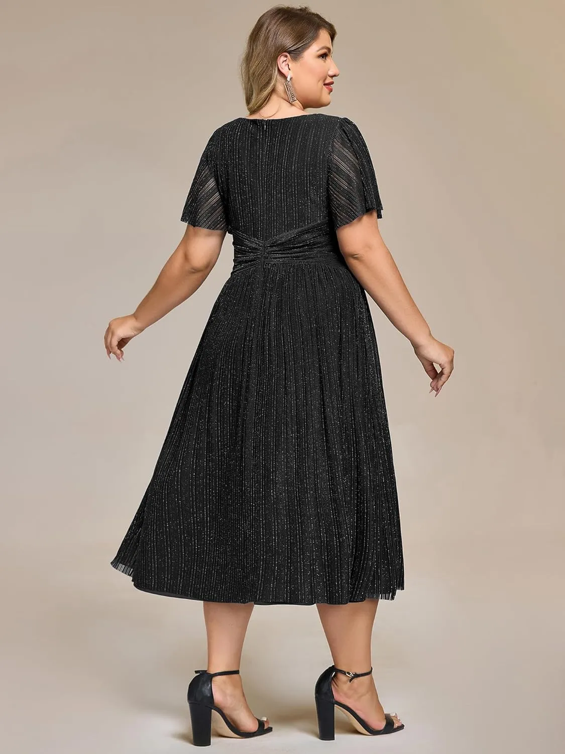 Ever-Pretty Plus Women's V Neck Short Sleeves A Line Glitter Midi Plus Size Formal Wedding Guest Dresses
