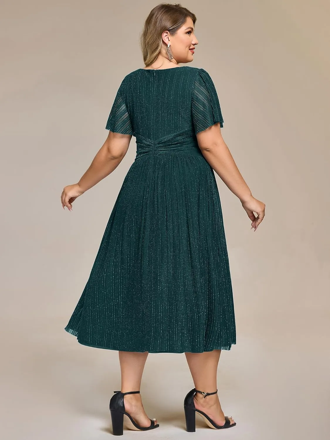 Ever-Pretty Plus Women's V Neck Short Sleeves A Line Glitter Midi Plus Size Formal Wedding Guest Dresses