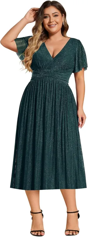 Ever-Pretty Plus Women's V Neck Short Sleeves A Line Glitter Midi Plus Size Formal Wedding Guest Dresses