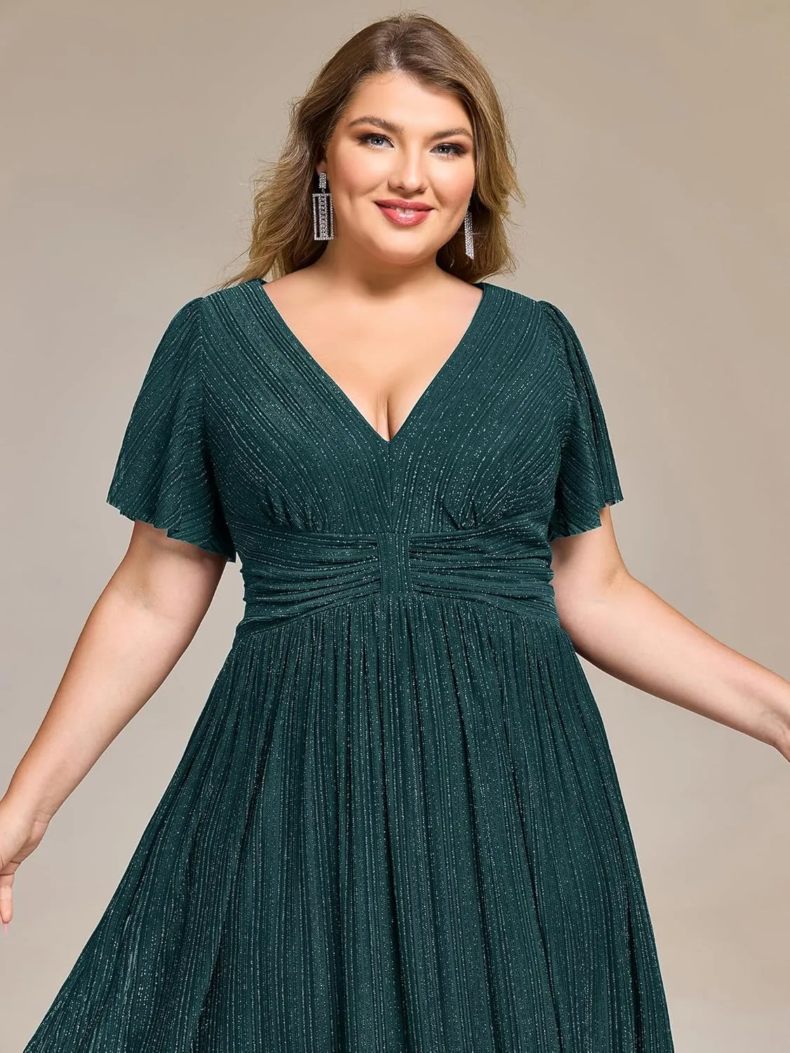 Ever-Pretty Plus Women's V Neck Short Sleeves A Line Glitter Midi Plus Size Formal Wedding Guest Dresses