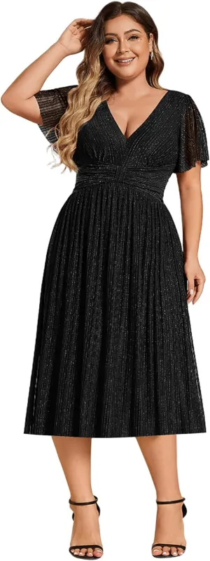 Ever-Pretty Plus Women's V Neck Short Sleeves A Line Glitter Midi Plus Size Formal Wedding Guest Dresses