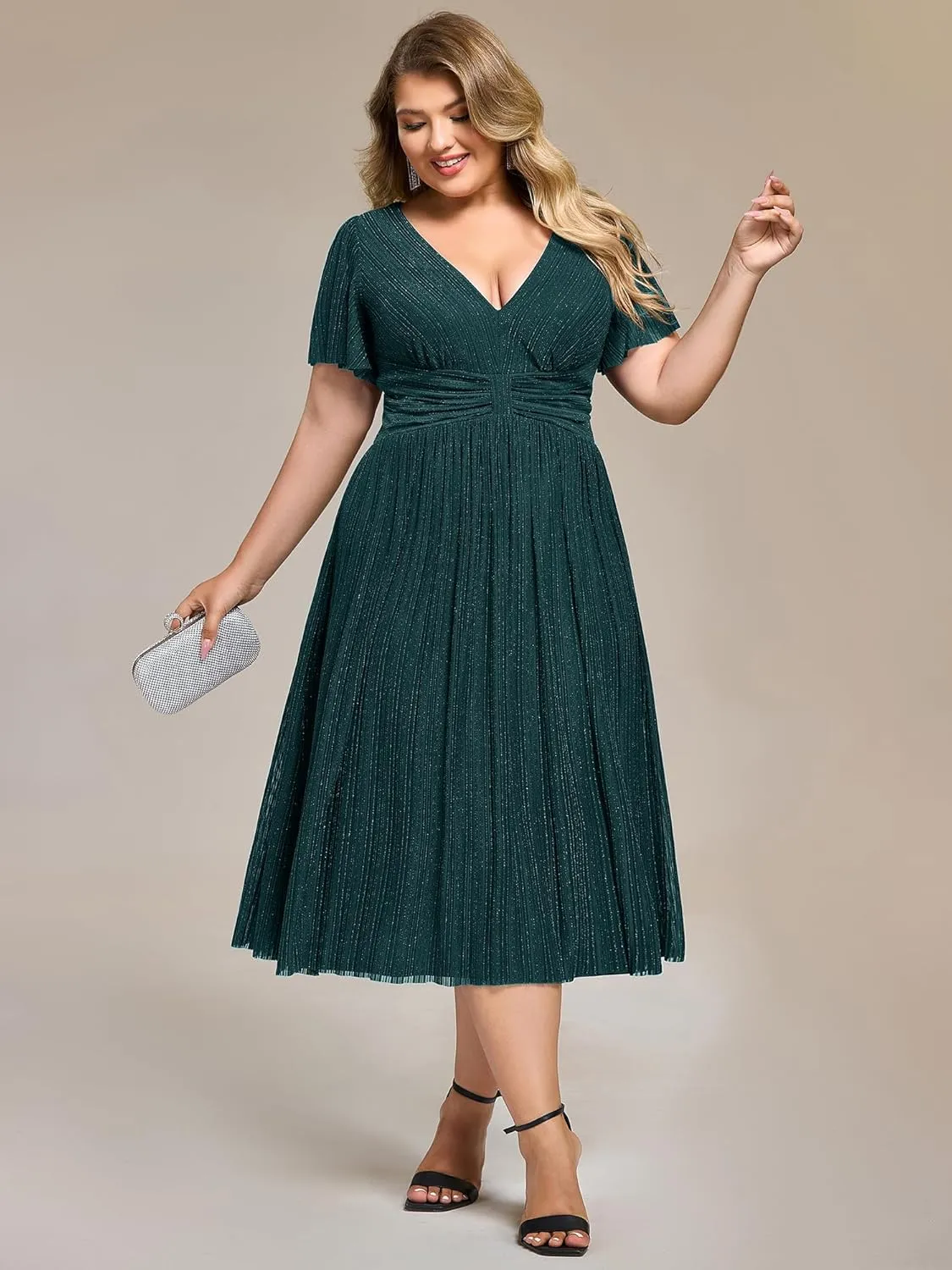 Ever-Pretty Plus Women's V Neck Short Sleeves A Line Glitter Midi Plus Size Formal Wedding Guest Dresses