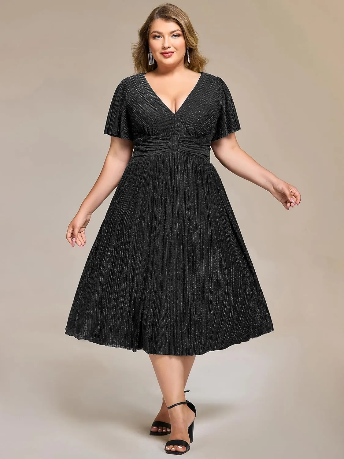 Ever-Pretty Plus Women's V Neck Short Sleeves A Line Glitter Midi Plus Size Formal Wedding Guest Dresses