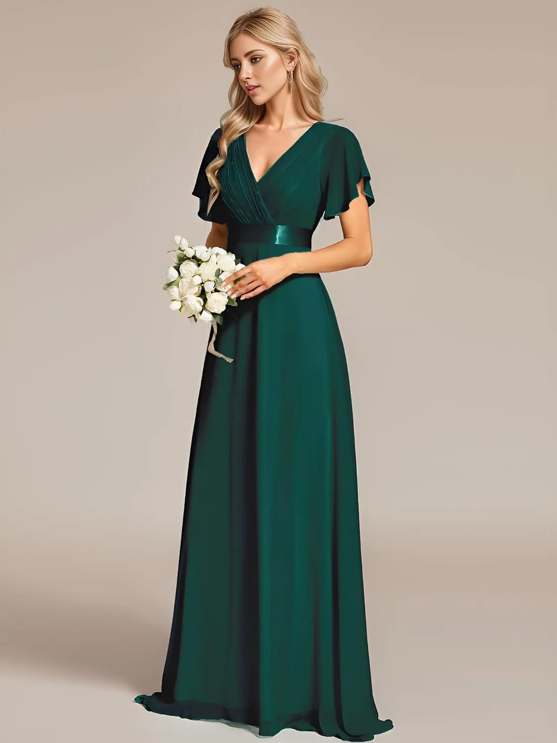 Ever-Pretty Women's Bridemaids Dress V Neck Short Sleeves A Line Chiffon Long Formal Dresses