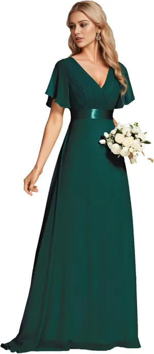 Ever-Pretty Women's Bridemaids Dress V Neck Short Sleeves A Line Chiffon Long Formal Dresses