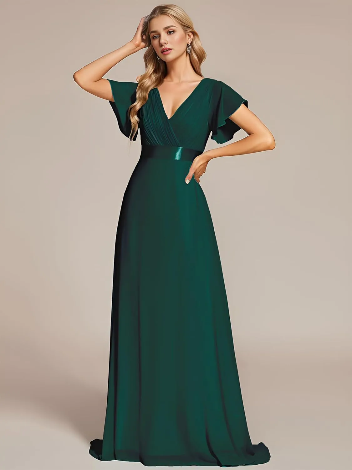 Ever-Pretty Women's Bridemaids Dress V Neck Short Sleeves A Line Chiffon Long Formal Dresses