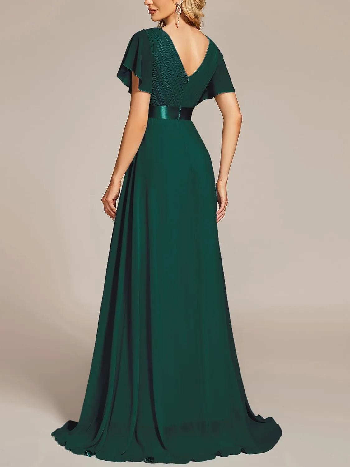 Ever-Pretty Women's Bridemaids Dress V Neck Short Sleeves A Line Chiffon Long Formal Dresses