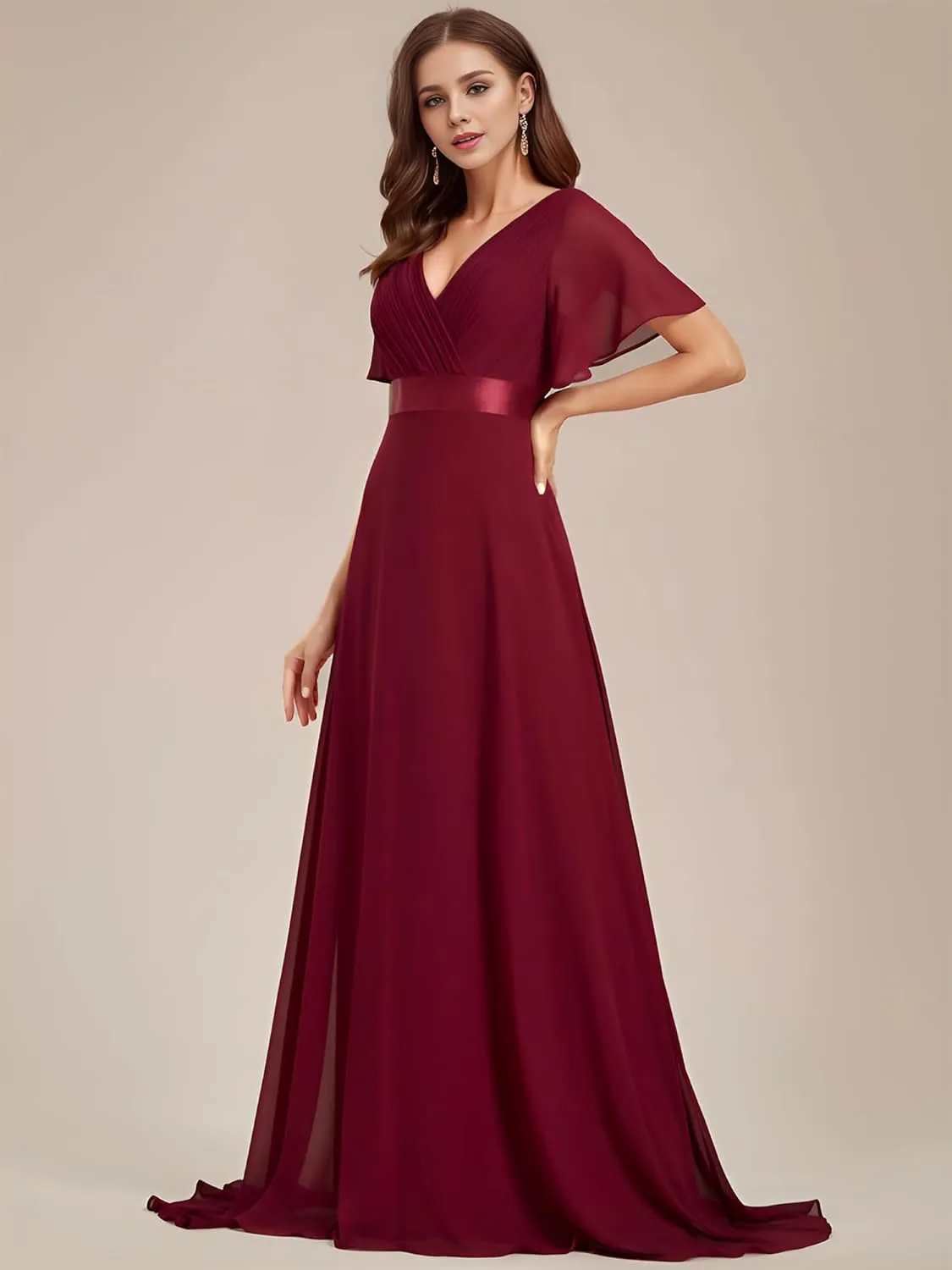 Ever-Pretty Women's Bridemaids Dress V Neck Short Sleeves A Line Chiffon Long Formal Dresses