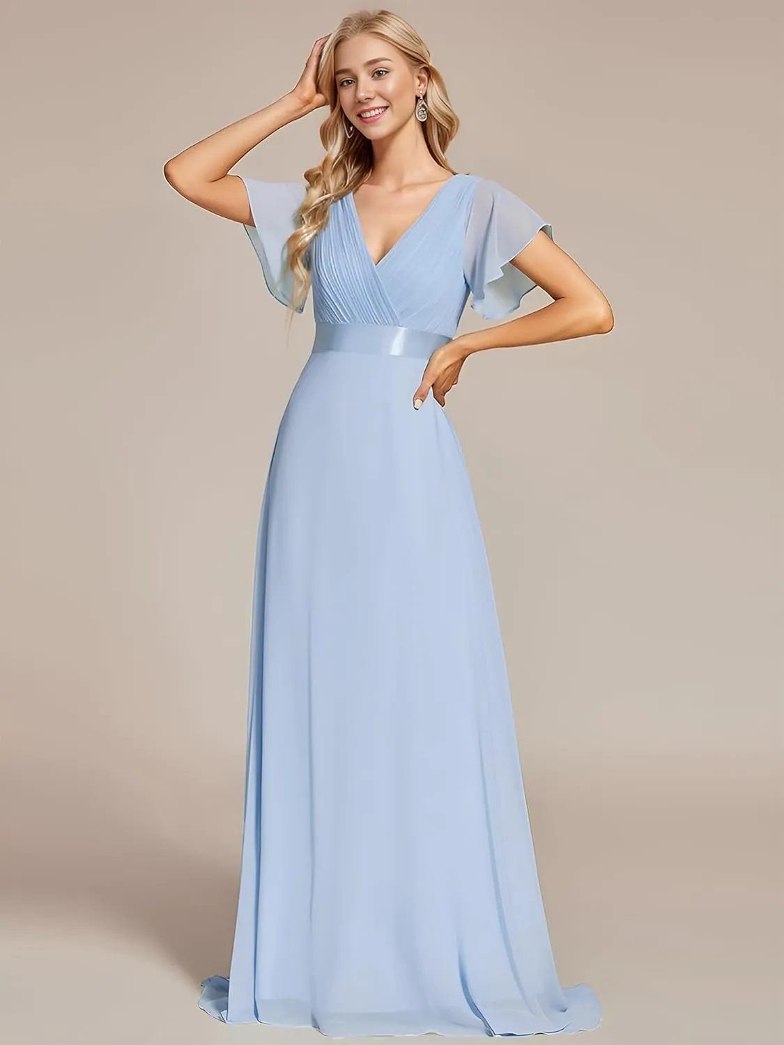 Ever-Pretty Women's Bridemaids Dress V Neck Short Sleeves A Line Chiffon Long Formal Dresses