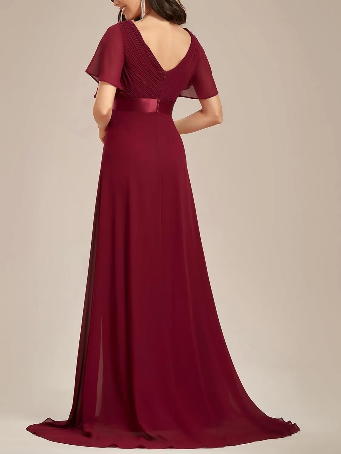 Ever-Pretty Women's Bridemaids Dress V Neck Short Sleeves A Line Chiffon Long Formal Dresses