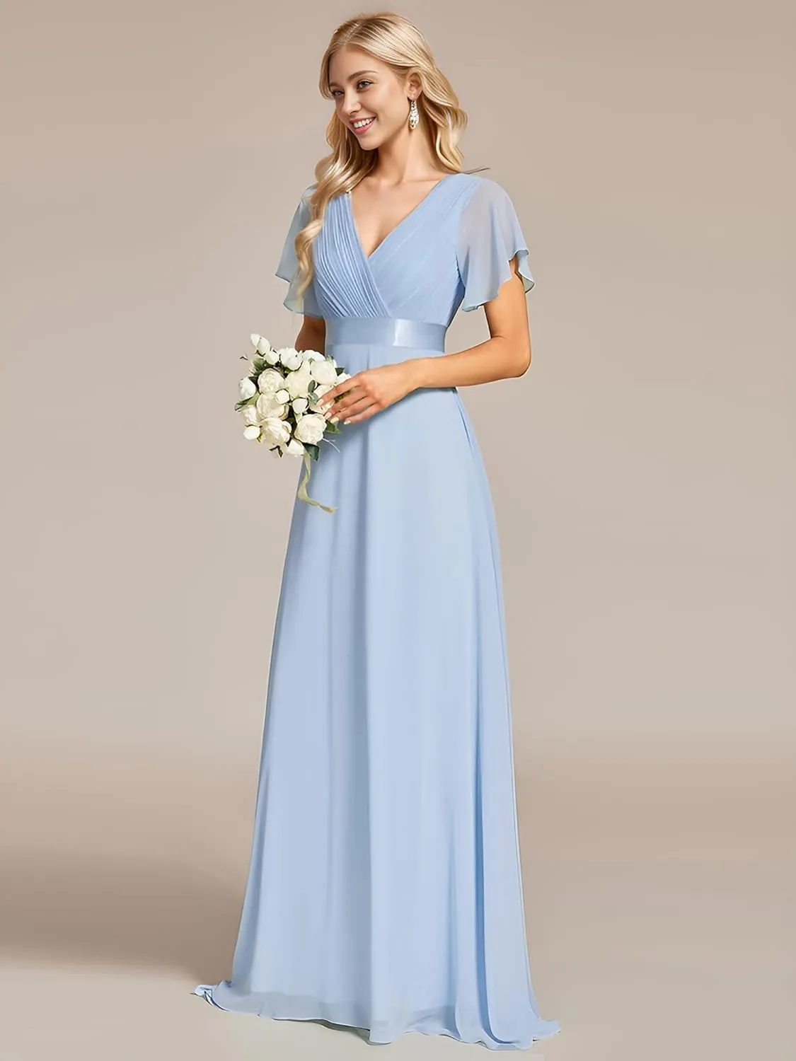 Ever-Pretty Women's Bridemaids Dress V Neck Short Sleeves A Line Chiffon Long Formal Dresses