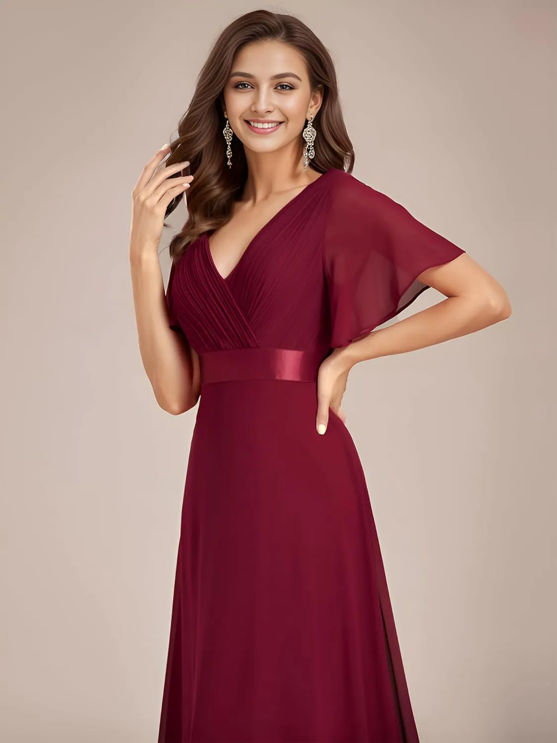 Ever-Pretty Women's Bridemaids Dress V Neck Short Sleeves A Line Chiffon Long Formal Dresses