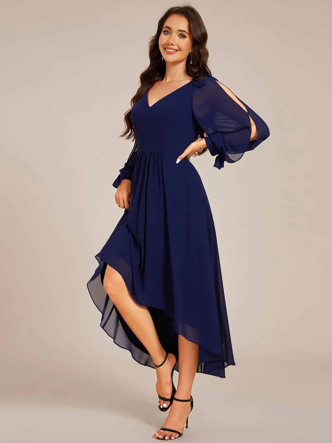 Ever-Pretty Women's Chiffon Formal Dress Long Sleeve Ruched High Low Midi Length A Line Bridesmaid Dresses 02269