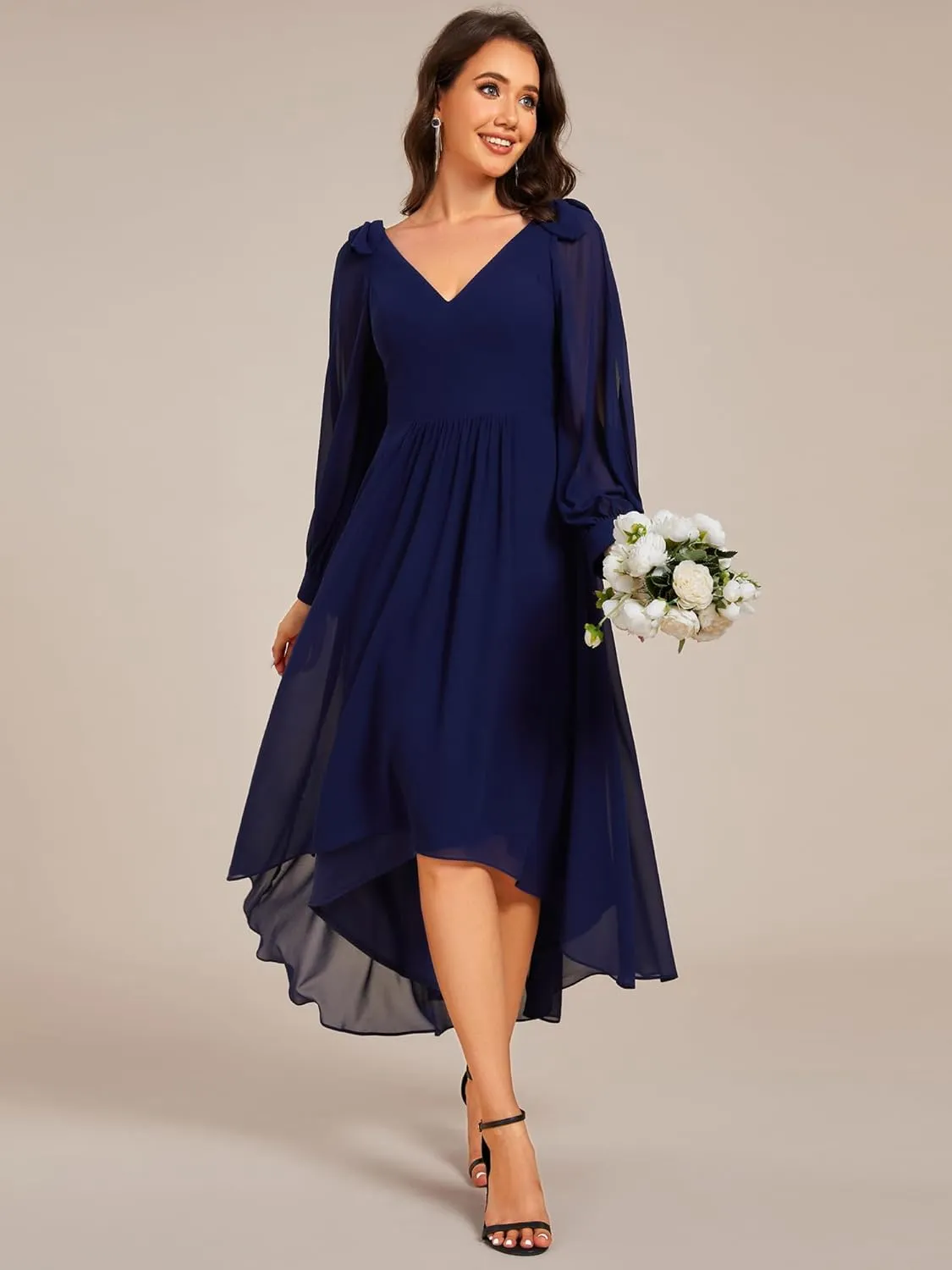 Ever-Pretty Women's Chiffon Formal Dress Long Sleeve Ruched High Low Midi Length A Line Bridesmaid Dresses 02269