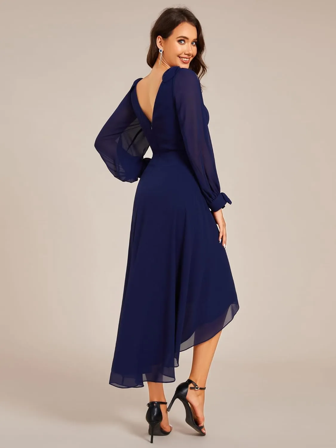 Ever-Pretty Women's Chiffon Formal Dress Long Sleeve Ruched High Low Midi Length A Line Bridesmaid Dresses 02269