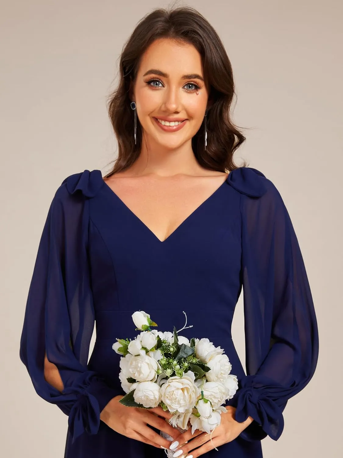 Ever-Pretty Women's Chiffon Formal Dress Long Sleeve Ruched High Low Midi Length A Line Bridesmaid Dresses 02269