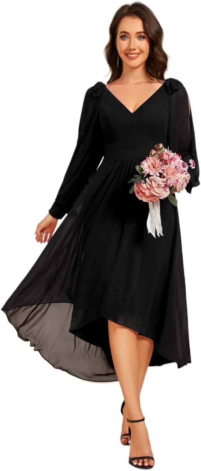 Ever-Pretty Women's Chiffon Formal Dress Long Sleeve Ruched High Low Midi Length A Line Bridesmaid Dresses 02269