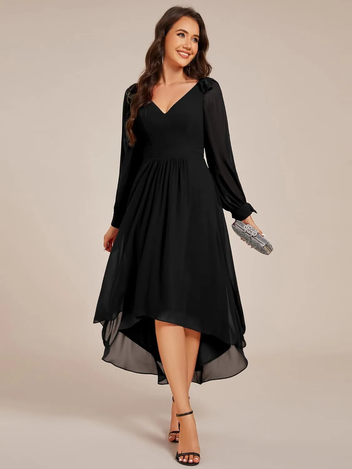 Ever-Pretty Women's Chiffon Formal Dress Long Sleeve Ruched High Low Midi Length A Line Bridesmaid Dresses 02269