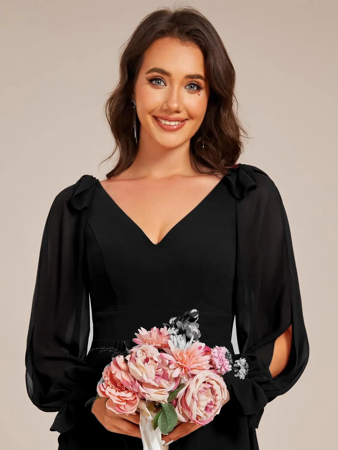 Ever-Pretty Women's Chiffon Formal Dress Long Sleeve Ruched High Low Midi Length A Line Bridesmaid Dresses 02269