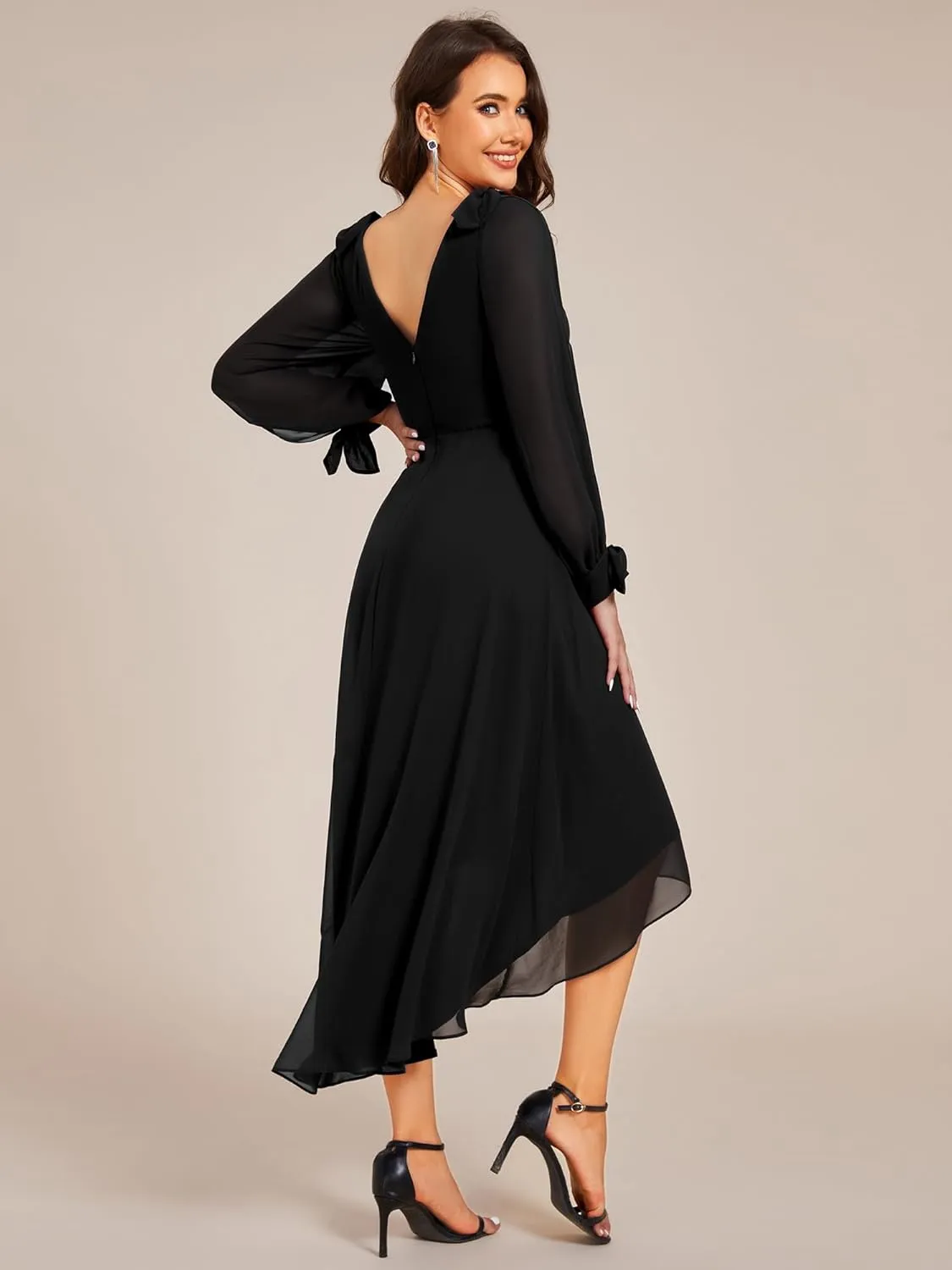 Ever-Pretty Women's Chiffon Formal Dress Long Sleeve Ruched High Low Midi Length A Line Bridesmaid Dresses 02269
