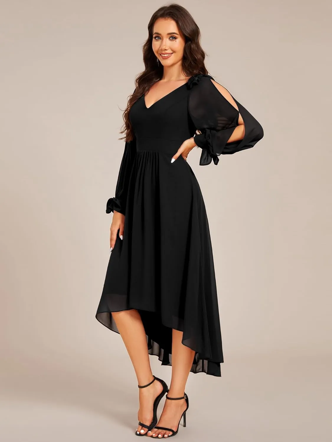 Ever-Pretty Women's Chiffon Formal Dress Long Sleeve Ruched High Low Midi Length A Line Bridesmaid Dresses 02269