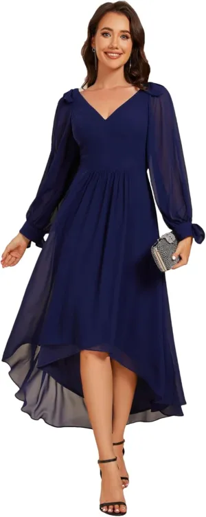 Ever-Pretty Women's Chiffon Formal Dress Long Sleeve Ruched High Low Midi Length A Line Bridesmaid Dresses 02269
