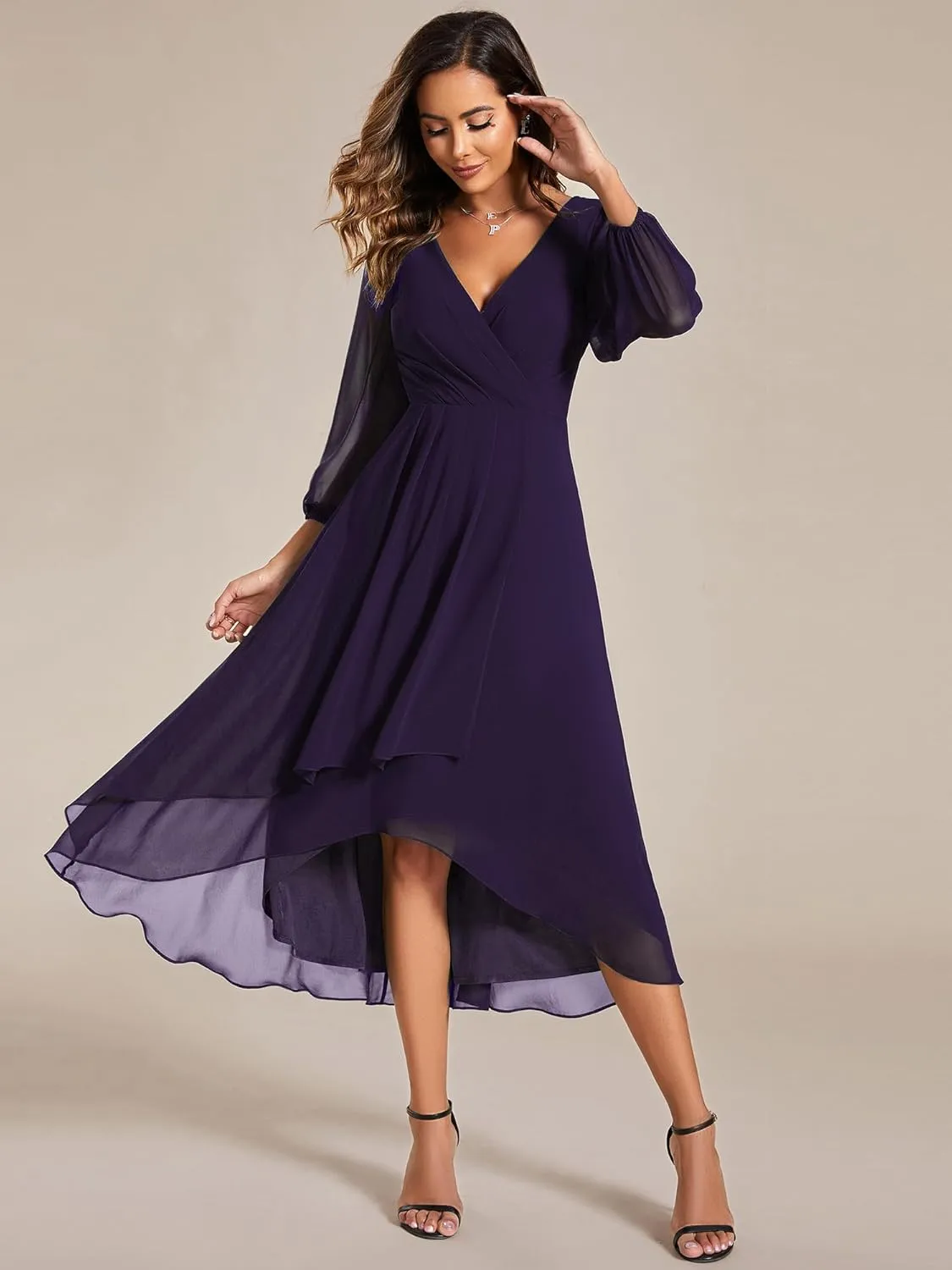 Ever-Pretty Women's Chiffon V Neck Long Sleeves Pleated A-Line Midi Length Wedding Guest Dress 01926