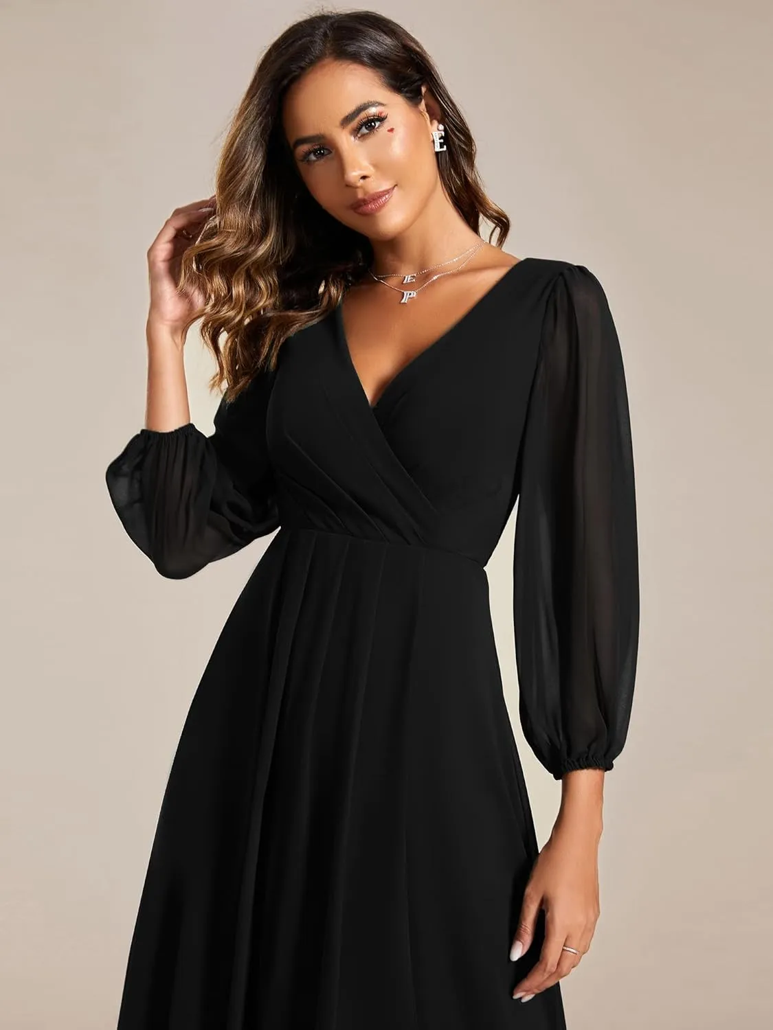 Ever-Pretty Women's Chiffon V Neck Long Sleeves Pleated A-Line Midi Length Wedding Guest Dress 01926