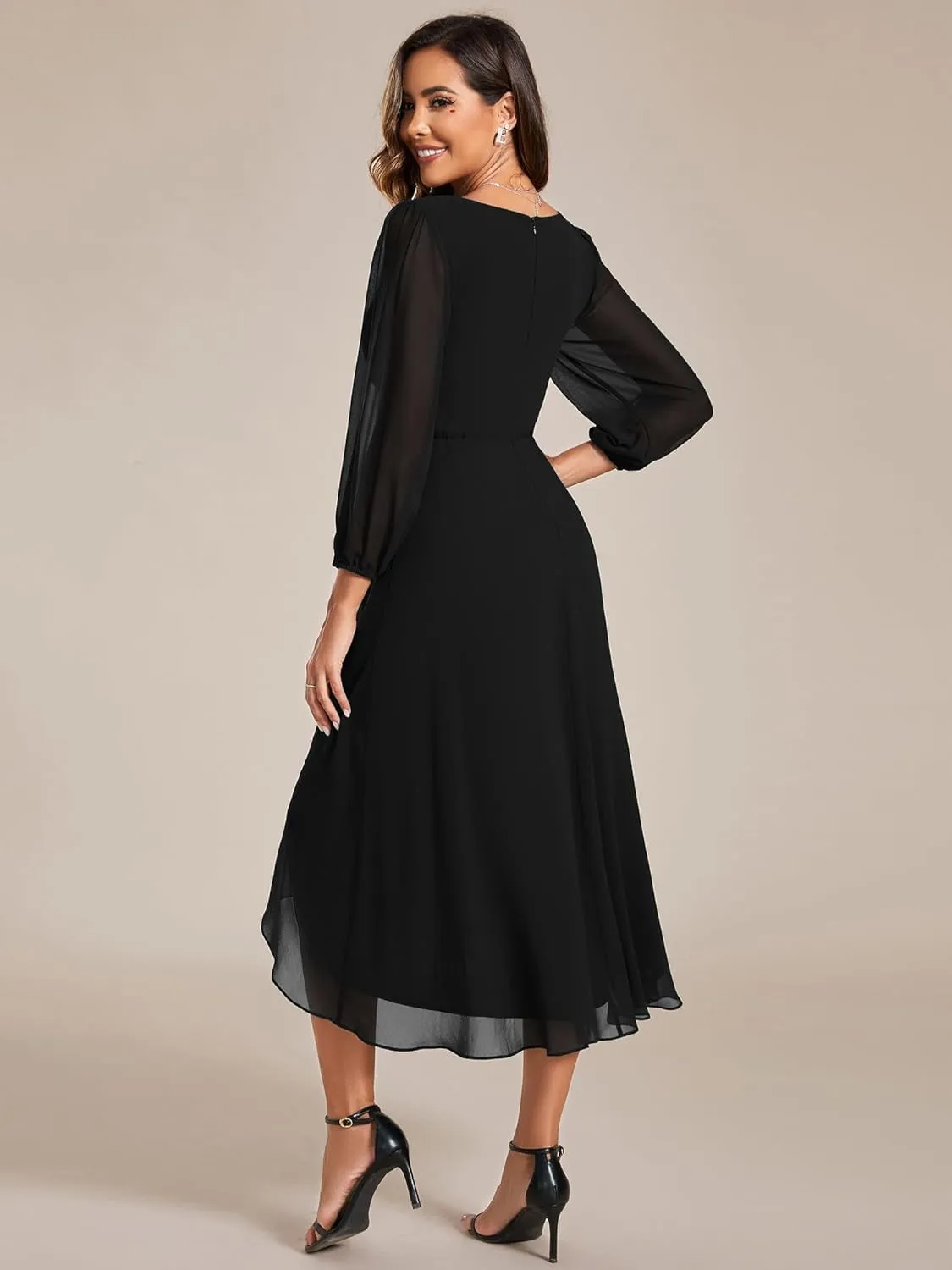 Ever-Pretty Women's Chiffon V Neck Long Sleeves Pleated A-Line Midi Length Wedding Guest Dress 01926