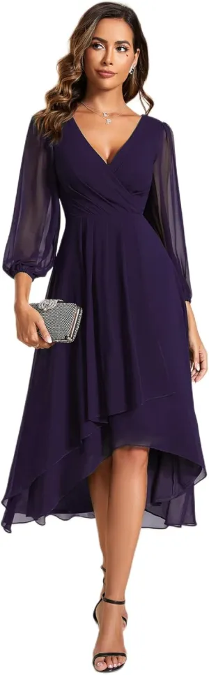 Ever-Pretty Women's Chiffon V Neck Long Sleeves Pleated A-Line Midi Length Wedding Guest Dress 01926