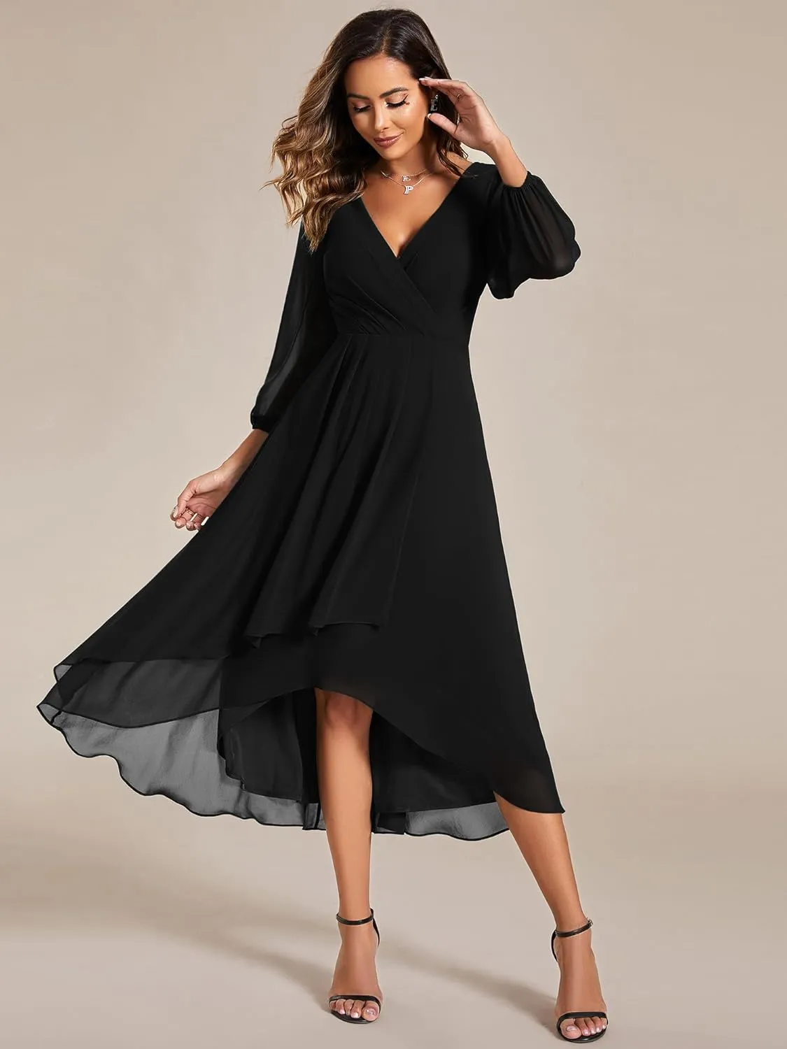 Ever-Pretty Women's Chiffon V Neck Long Sleeves Pleated A-Line Midi Length Wedding Guest Dress 01926