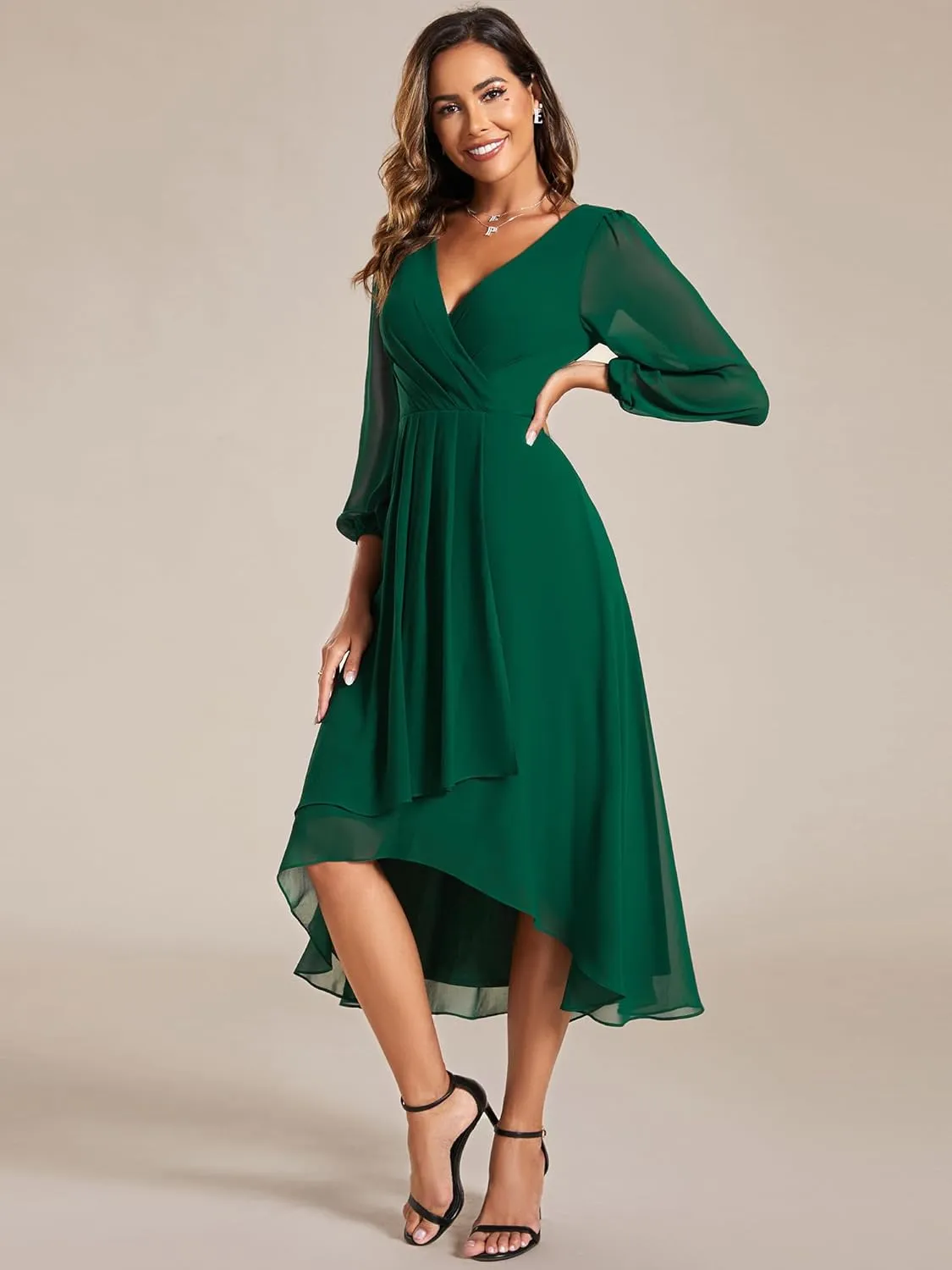 Ever-Pretty Women's Chiffon V Neck Long Sleeves Pleated A-Line Midi Length Wedding Guest Dress 01926