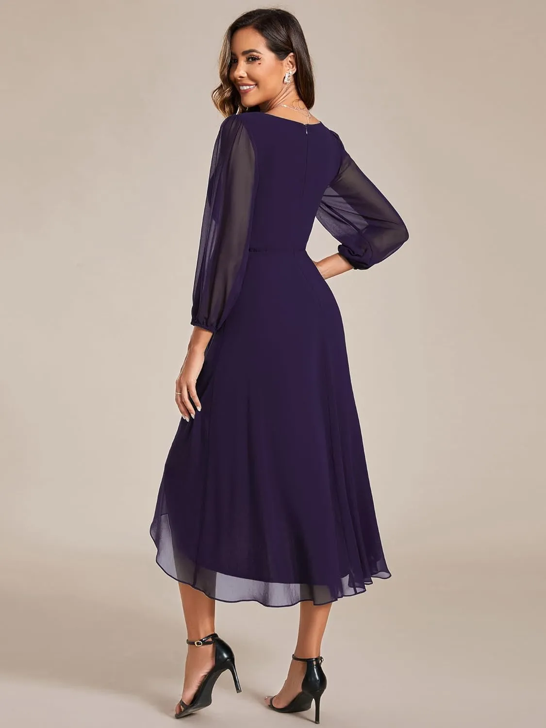 Ever-Pretty Women's Chiffon V Neck Long Sleeves Pleated A-Line Midi Length Wedding Guest Dress 01926