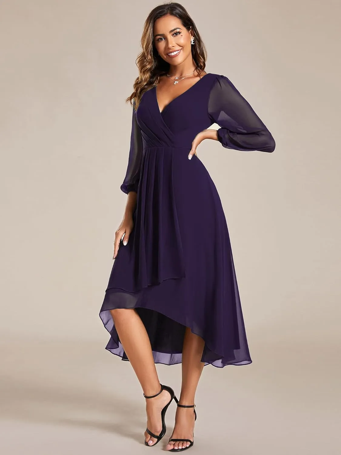 Ever-Pretty Women's Chiffon V Neck Long Sleeves Pleated A-Line Midi Length Wedding Guest Dress 01926