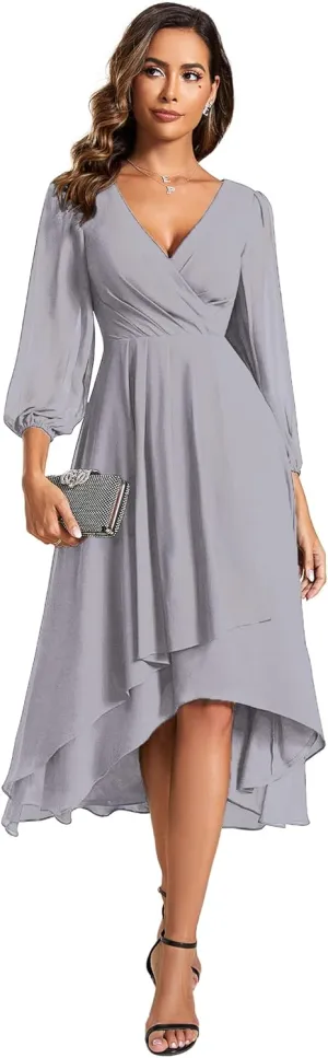Ever-Pretty Women's Chiffon V Neck Long Sleeves Pleated A-Line Midi Length Wedding Guest Dress 01926