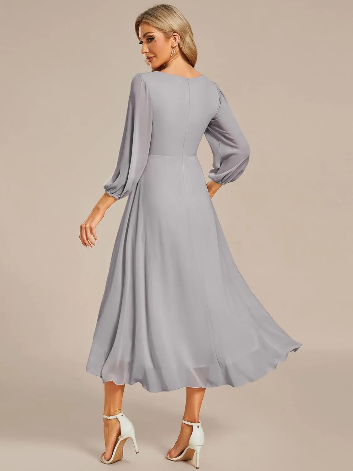 Ever-Pretty Women's Chiffon V Neck Long Sleeves Pleated A-Line Midi Length Wedding Guest Dress 01926