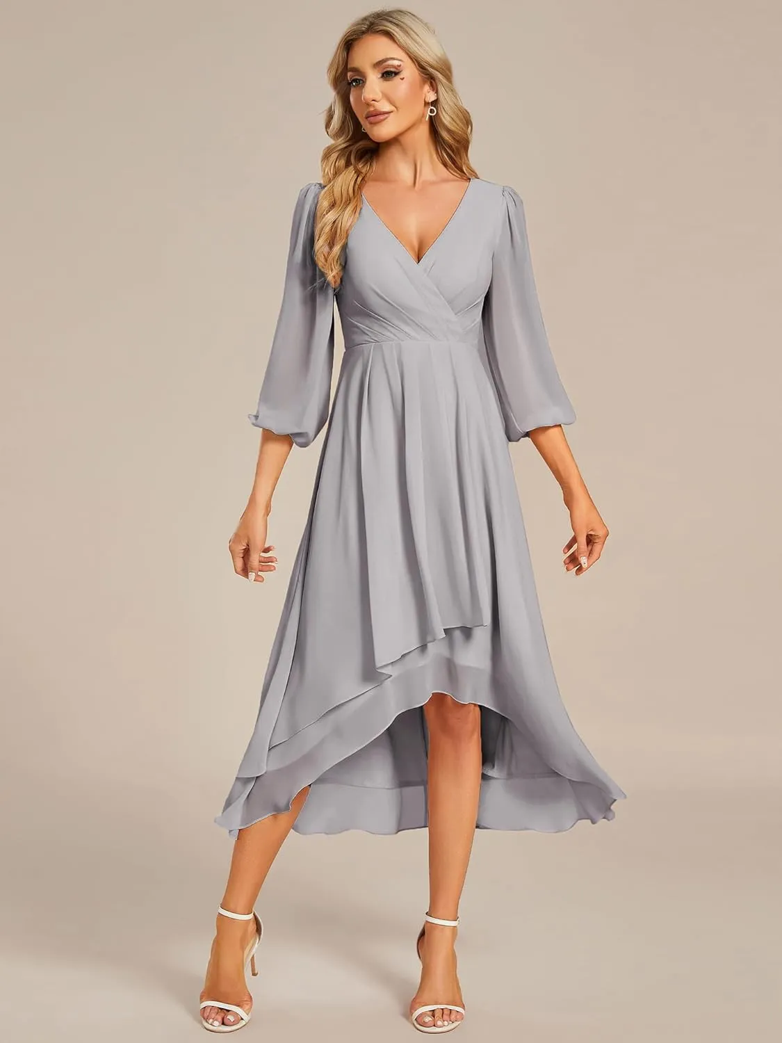 Ever-Pretty Women's Chiffon V Neck Long Sleeves Pleated A-Line Midi Length Wedding Guest Dress 01926