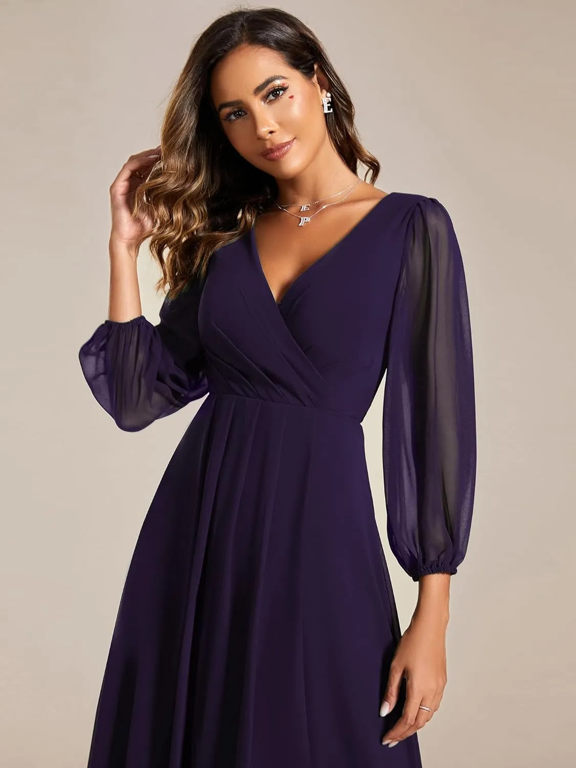 Ever-Pretty Women's Chiffon V Neck Long Sleeves Pleated A-Line Midi Length Wedding Guest Dress 01926