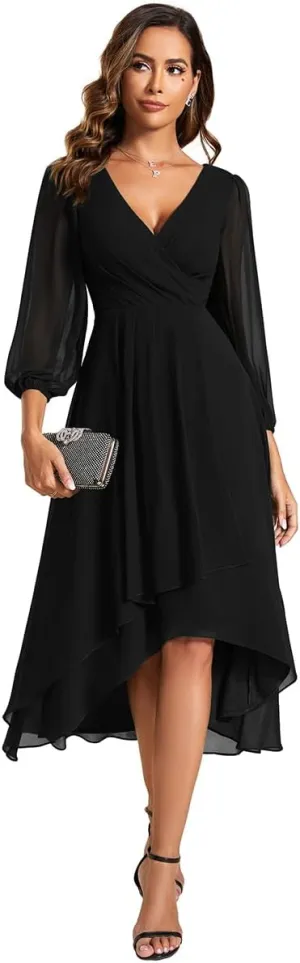 Ever-Pretty Women's Chiffon V Neck Long Sleeves Pleated A-Line Midi Length Wedding Guest Dress 01926