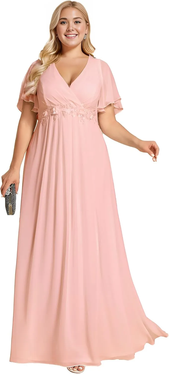 Ever-Pretty Women's Chiffon V Neck Short Sleeves Appliques Plus Size Dresses for Curvy Women Formal Dresses 01960-DA